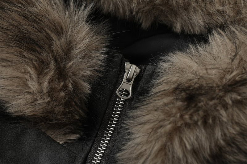 Fur-Trim Hooded PU Leather Bomber Jacket – Letter Embroidery, Distressed Finish