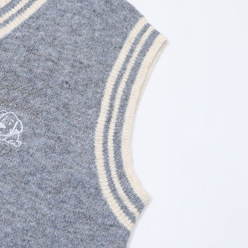 V-Neck Knit Sweater Vest with Irregular Hem & Puppy Embroidery