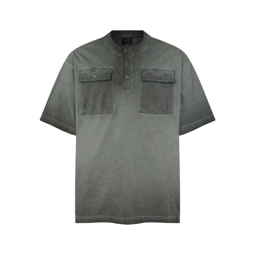 Acid Wash Oversized Henley T-Shirt with Dual Chest Pockets