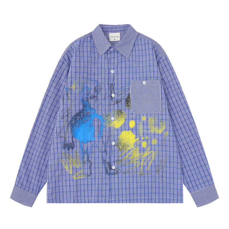 Graffiti Paint Splatter Plaid Long Sleeve Shirt – Oversized Fit