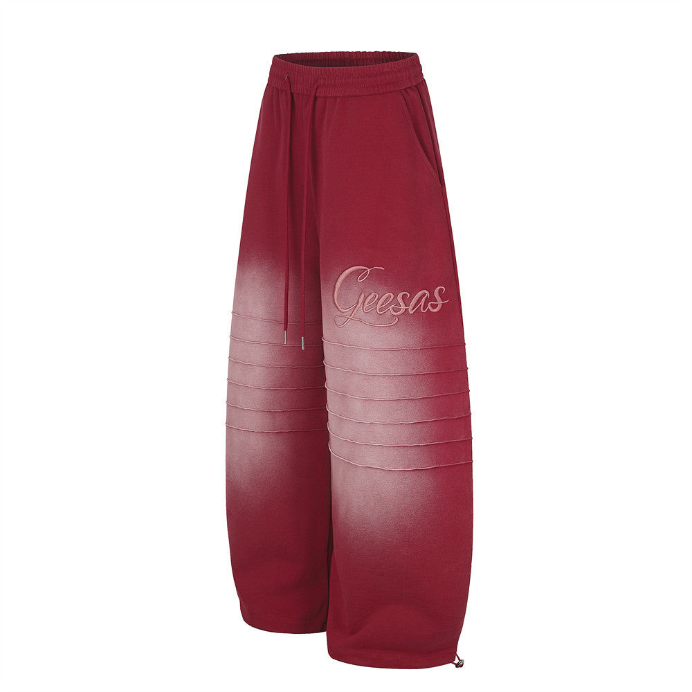 Wide-Leg Sweatpants with Gradient Wash, Letter Embroidery & Pintuck Detail
