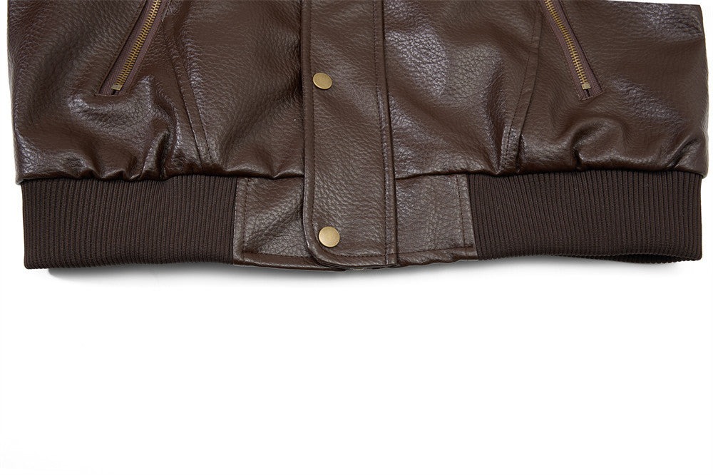 Men's Vintage Leather Bomber Jacket – Stand Collar PU Leather with Snap Buttons
