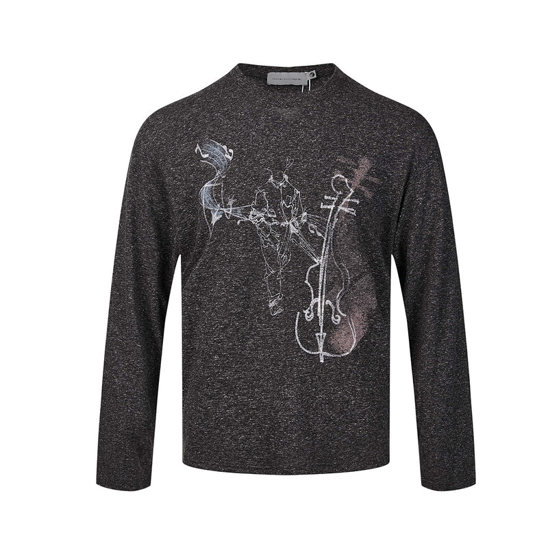 Long Sleeve Graphic Shirt – Cello Musician Sketch Print, Relaxed Fit
