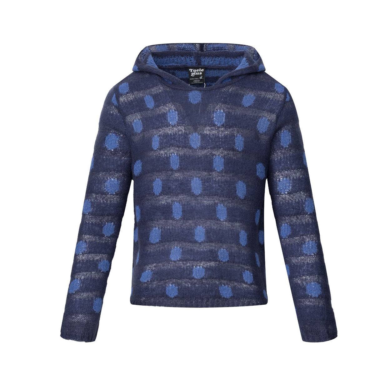 Pull à capuche en maille bleu marine semi-transparente à pois, avec motif jacquard rayé et capuche, vue de face