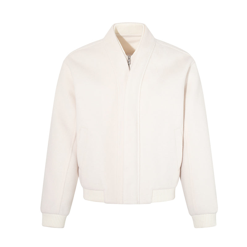 Wool Blend Bomber Jacket – Double-Layer Collar, Zip-Up Men's Coat