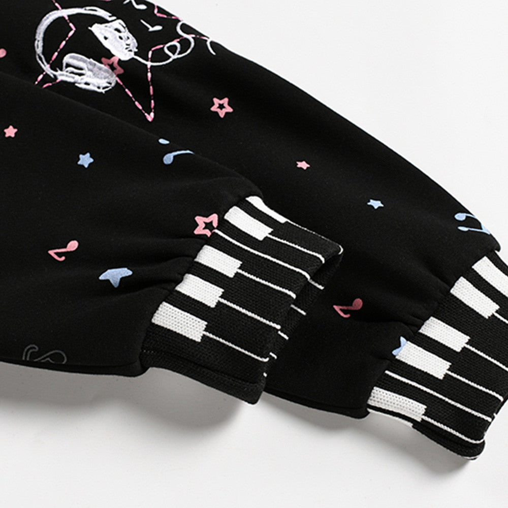 Cat Ear Zip-Up Hoodie with All-Over Music Note & Cartoon Print
