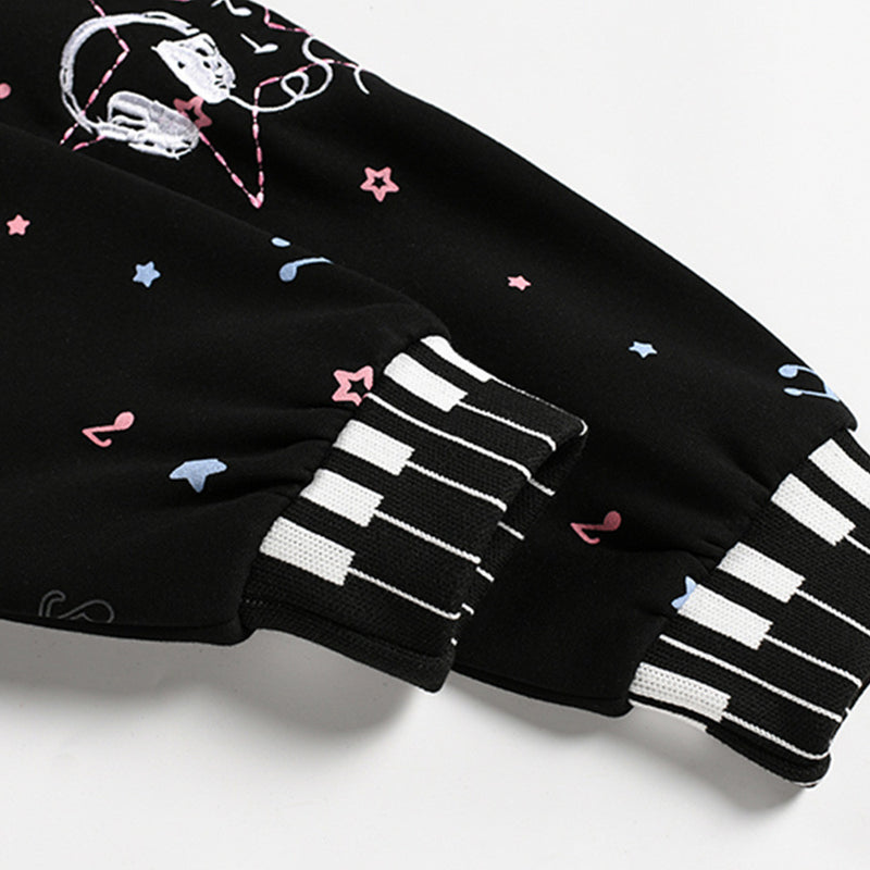 Cat Ear Zip-Up Hoodie with All-Over Music Note & Cartoon Print
