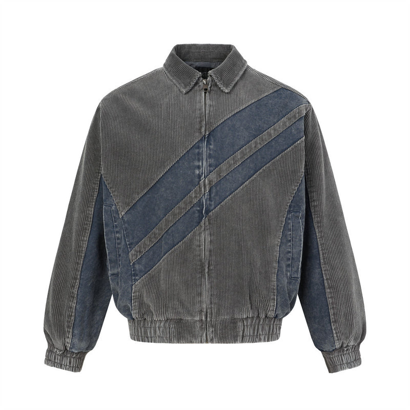 Chaqueta bomber oversize de pana lavada para hombre, con bloques de color y paneles diagonales de patchwork en gris y azul marino