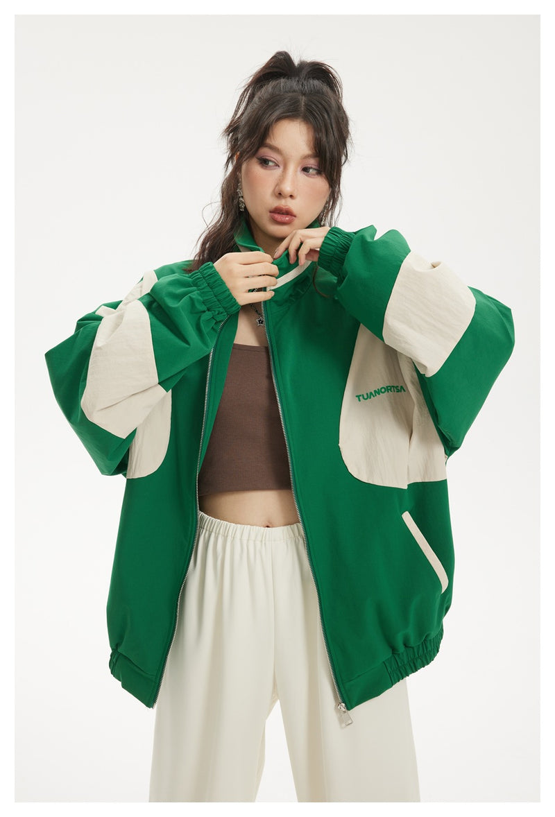 Colorblock Zip-Up Track Jacket — Oversized Retro Varsity Style