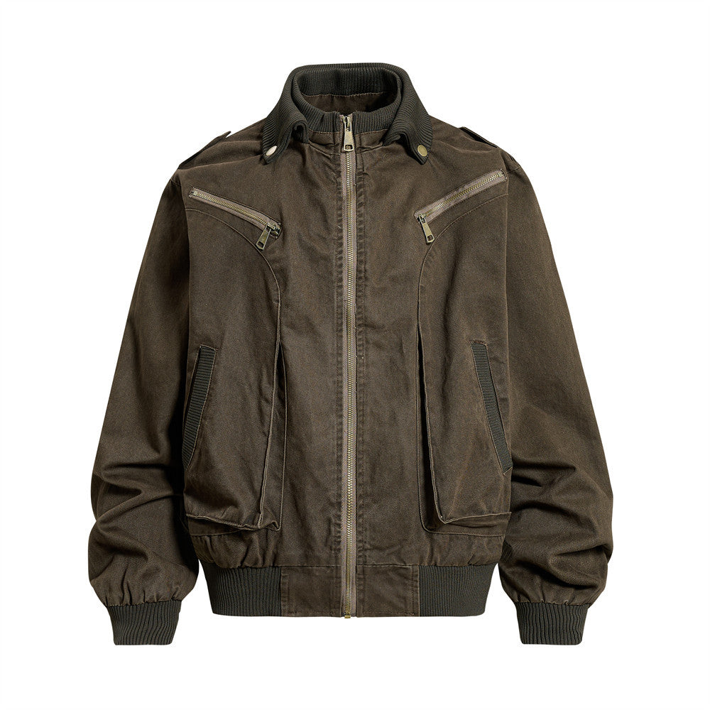 Washed Cargo Bomber Jacket – Men's Oversized Stand Collar with Double Chest Zips