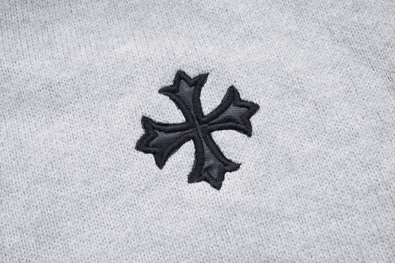 Gothic Cross Knit Zip-Up Hoodie with Old English Sleeve Script