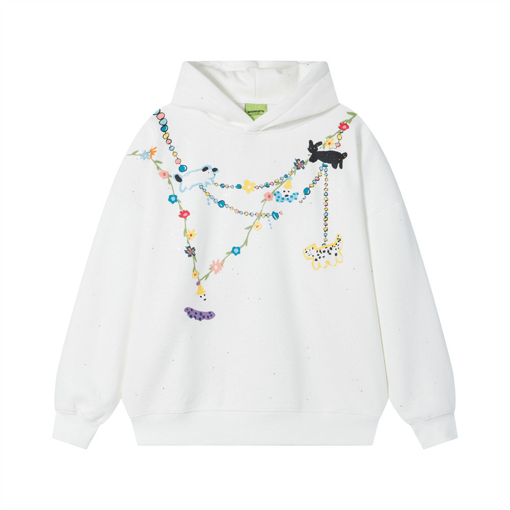 Oversized pullover hoodie with cartoon animal and floral chain graphic print in off-white colorway, front view