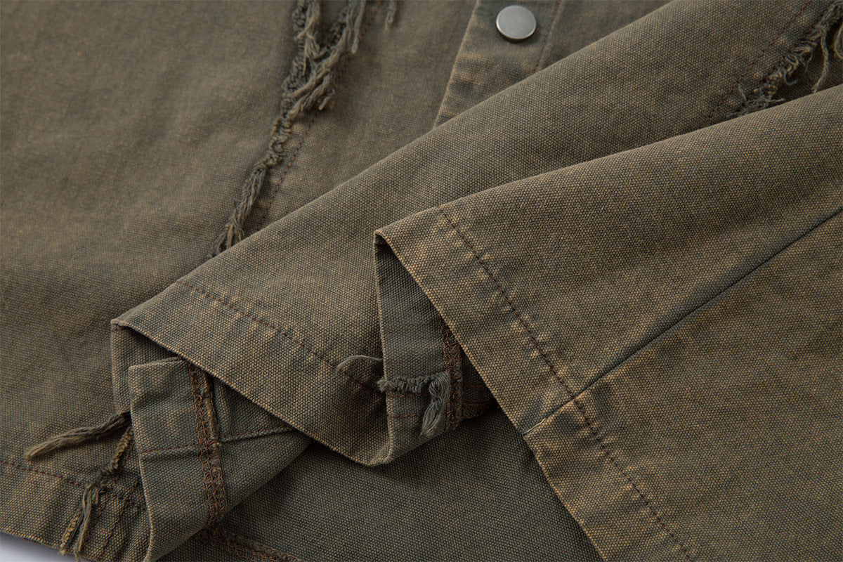Veste-chemise en jean délavé effiloché – Surchemise patchwork déconstruite