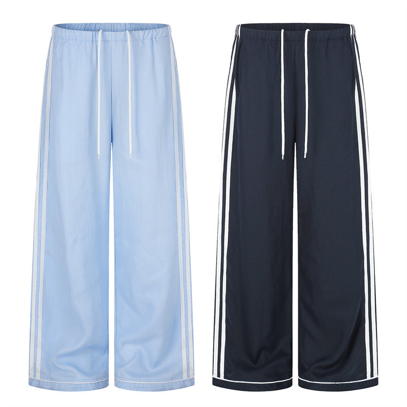 Wide-Leg Track Pants with Side Stripes & Drawstring Waist