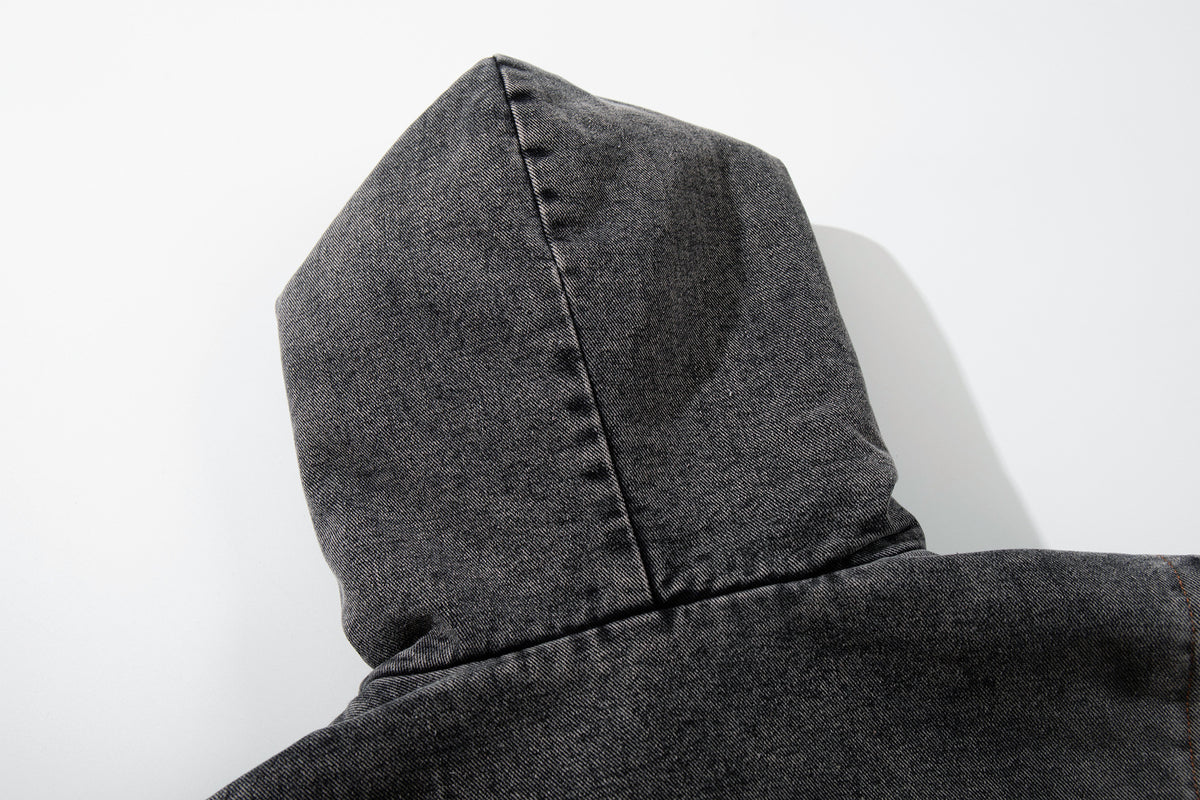 Washed Denim Padded Hoodie Jacket with Embroidered Logo & Sherpa Collar