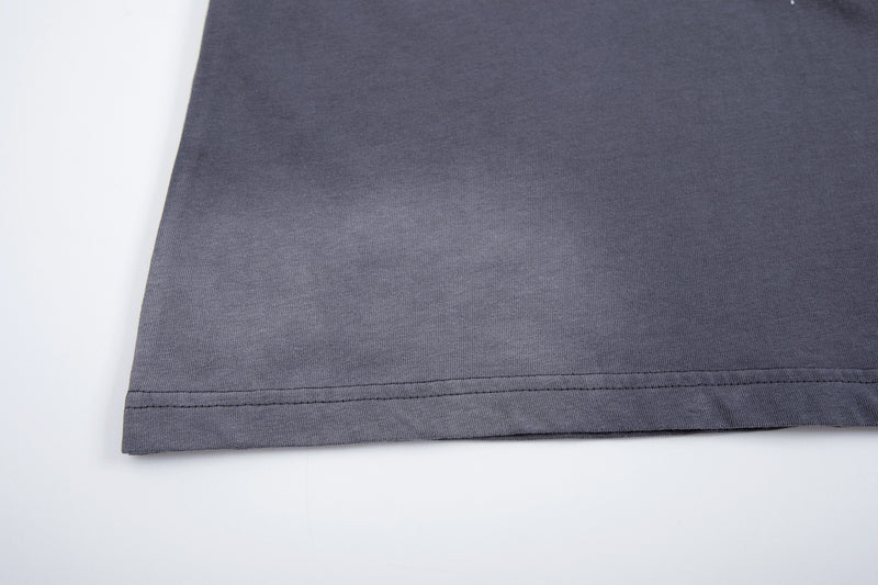 T-shirt gris à manches longues – Imprimé graffiti vintage délavé streetwear à col rond