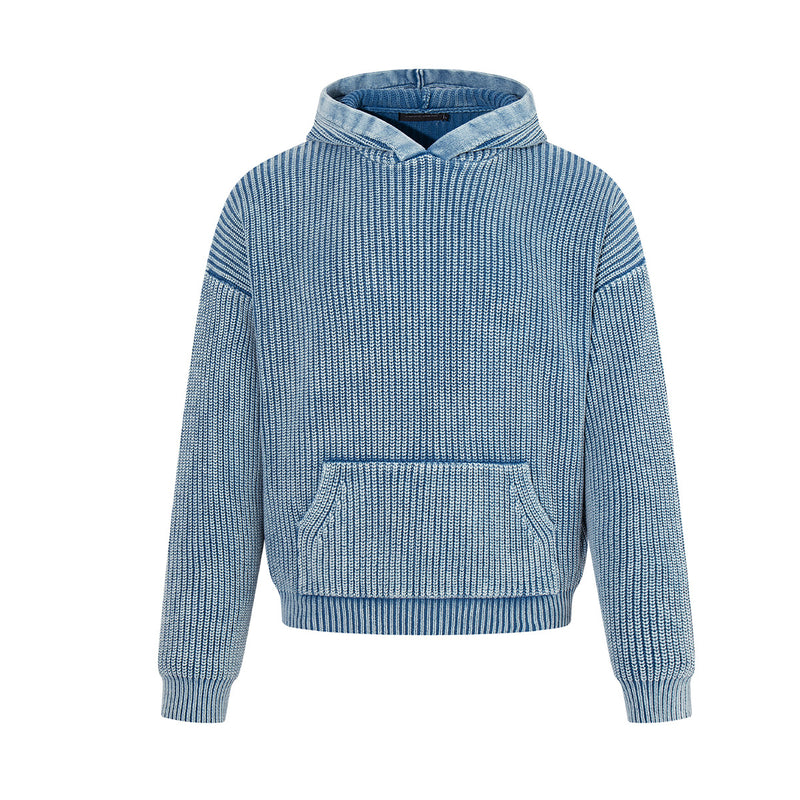 Washed Ribbed Knit Hoodie Sweater – Vintage Acid-Wash Oversized Pullover