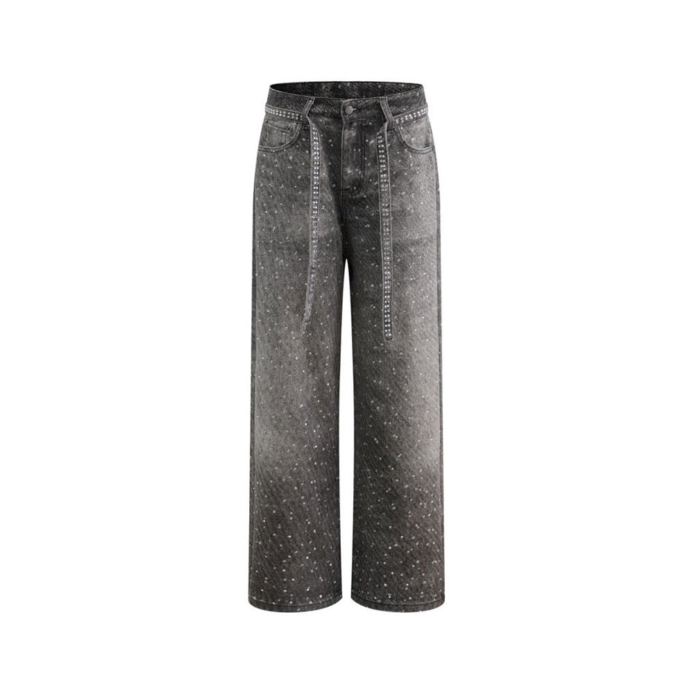 Y2K Baggy Jeans Mens Wide-Leg Rhinestone Embellished Denim Pants