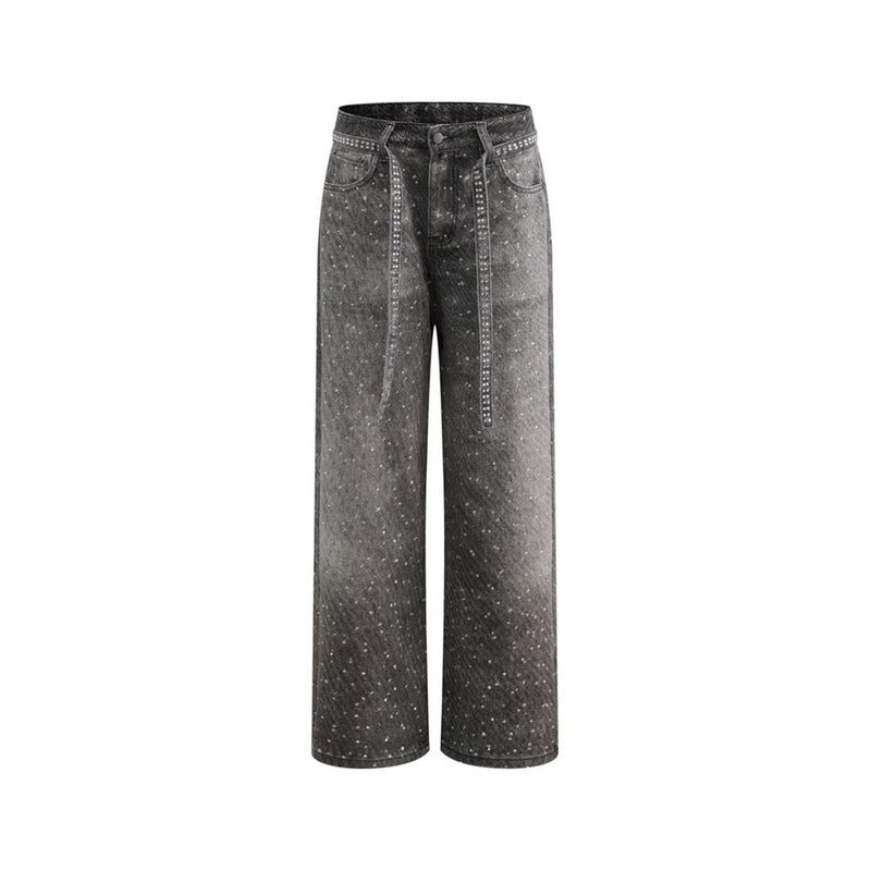Y2K Baggy Jeans Mens Wide-Leg Rhinestone Embellished Denim Pants