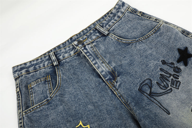 Cartoon Dachshund Embroidered Wide-Leg Jeans – Men's Vintage Washed Curved Hem