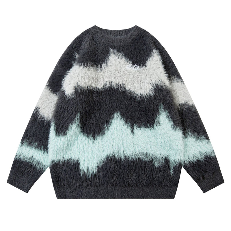 Pull en maille pelucheuse à motif vague abstrait – Modèle oversize