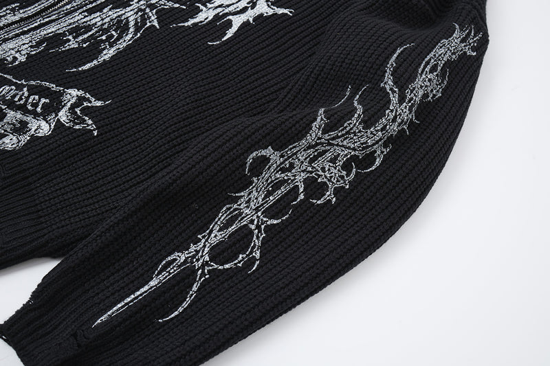Pull zippé en maille à motif gothique – Col montant punk sombre Abyss Whisper