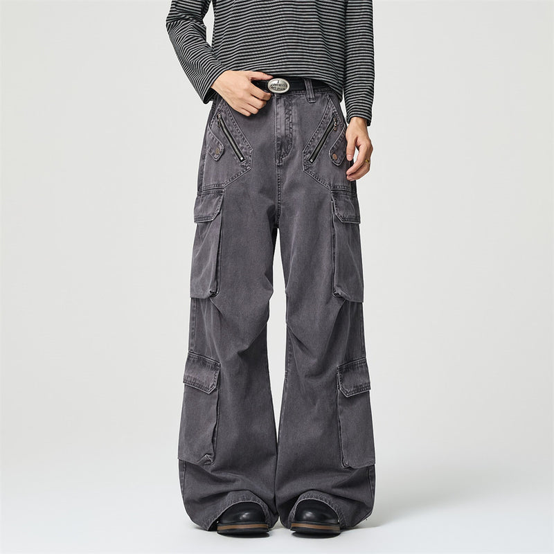 Wide-Leg Cargo Pants – Multi-Pocket Washed Vintage Streetwear Trousers