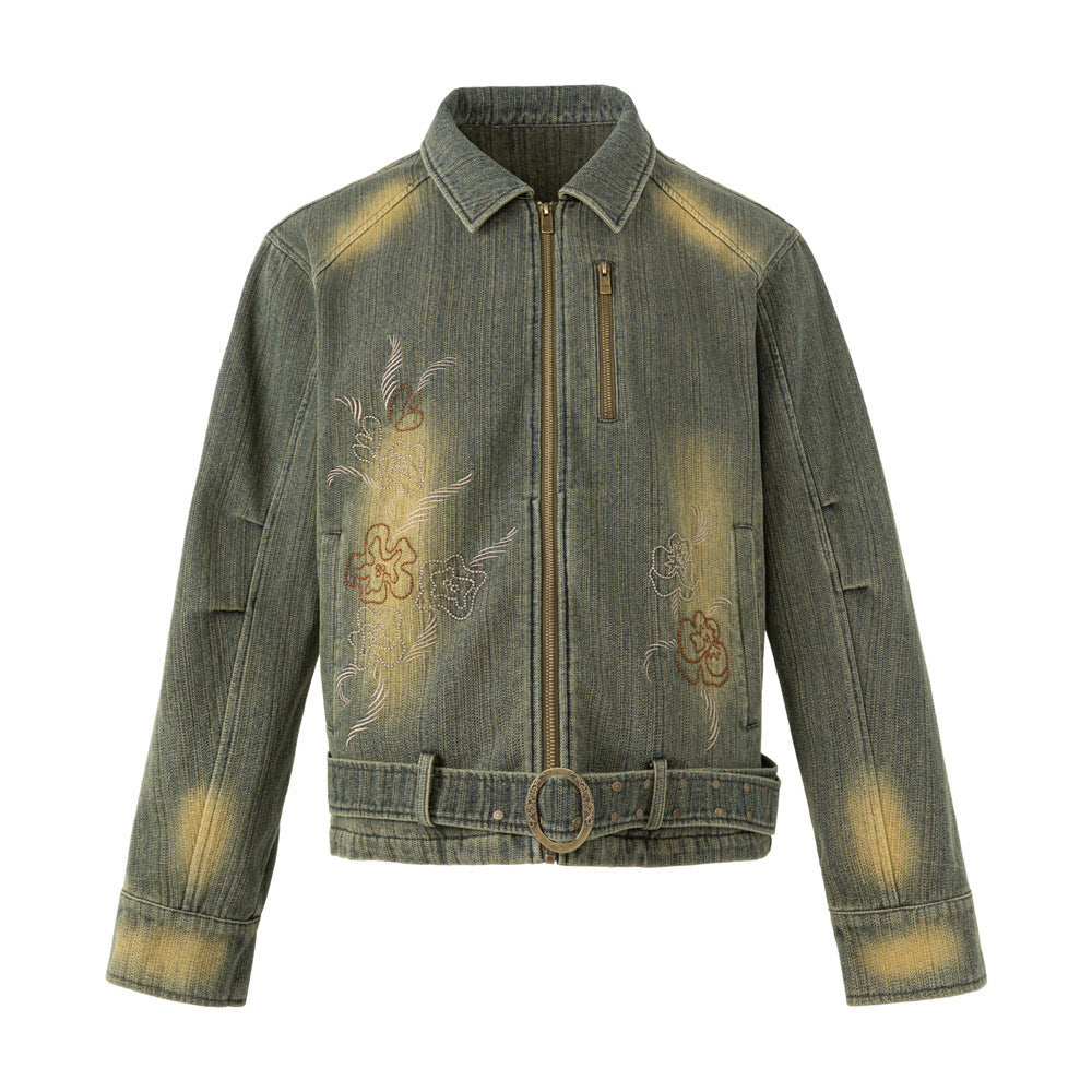 Vintage Washed Denim Jacket – Floral Embroidery, Zip-Up, Belted Waist