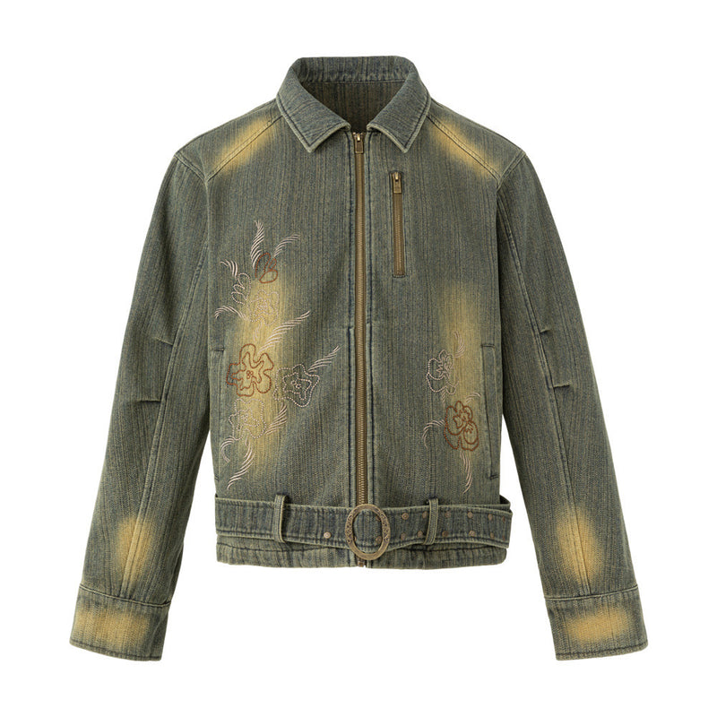 Vintage Washed Denim Jacket – Floral Embroidery, Zip-Up, Belted Waist