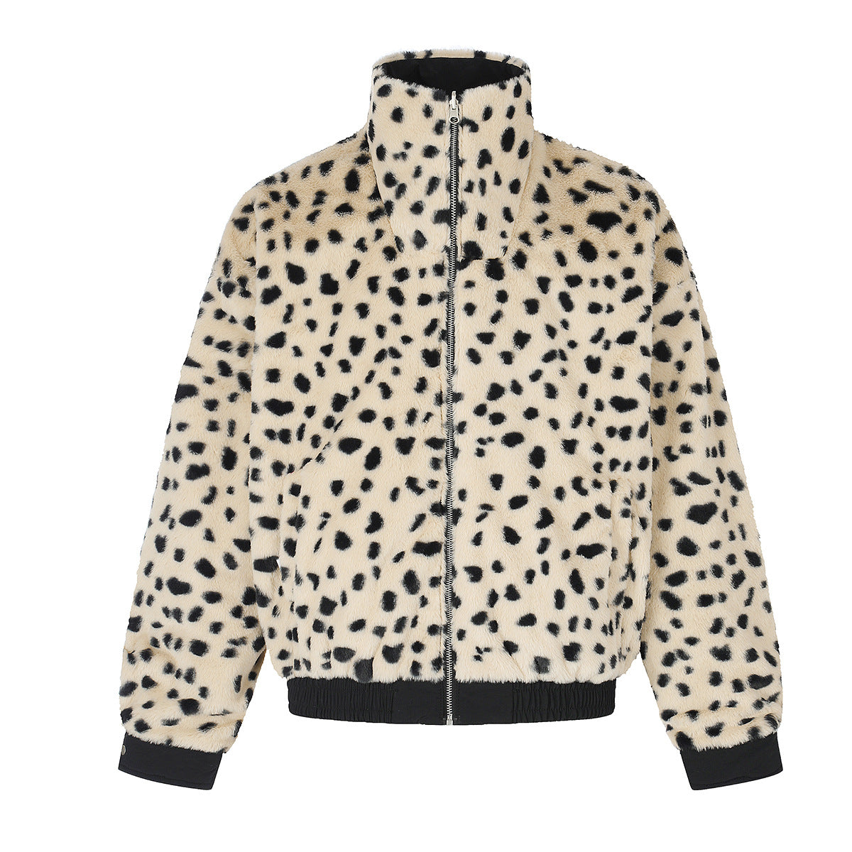Reversible Dalmatian Faux Fur Bomber Jacket – Two-Way Wear Padded Coat