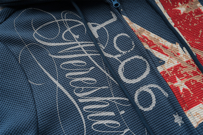 Union Jack Zip-Up Hoodie – Vintage British Flag Waffle-Knit Cardigan in Navy