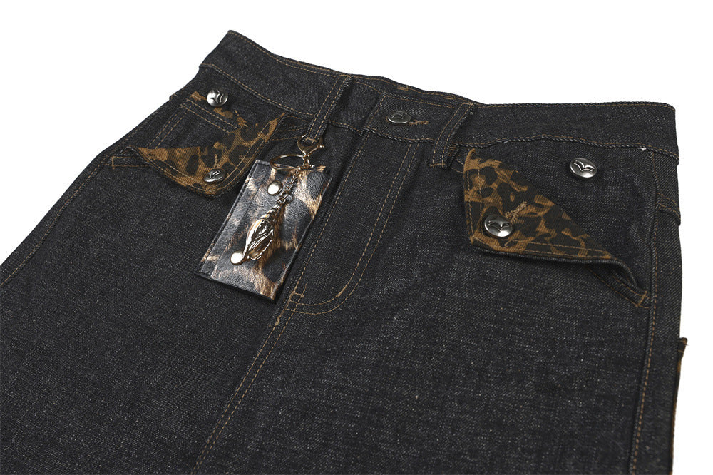 Baggy Black Jeans Men's Wide-Leg Denim with Leopard Print Pockets & Charm Detail