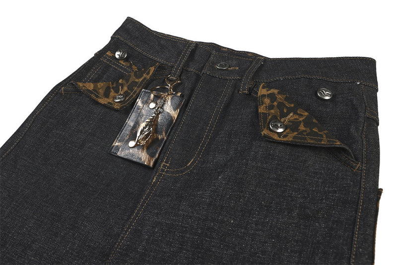 Baggy Black Jeans Men's Wide-Leg Denim with Leopard Print Pockets & Charm Detail