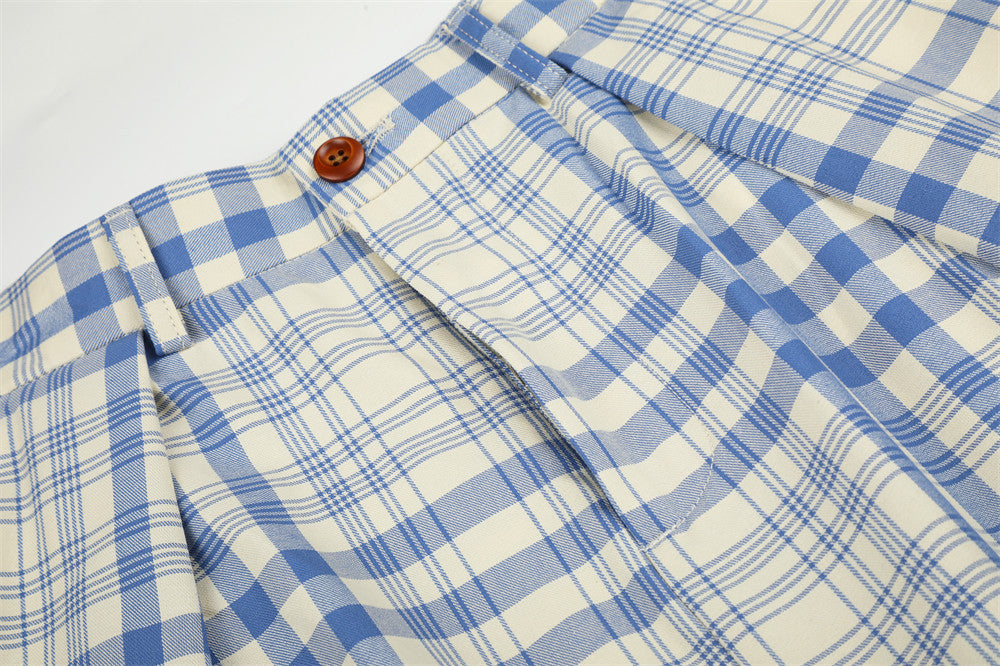 Wide-Leg Pleated Trousers in Blue Plaid Check
