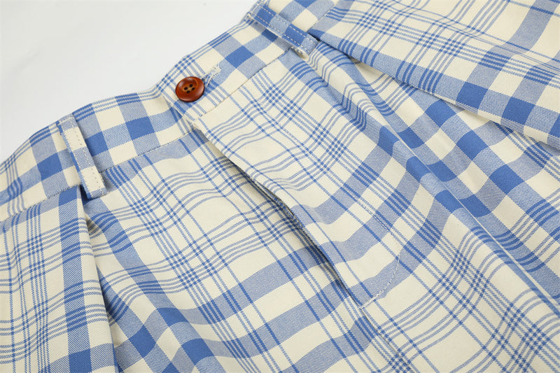 Wide-Leg Pleated Trousers in Blue Plaid Check
