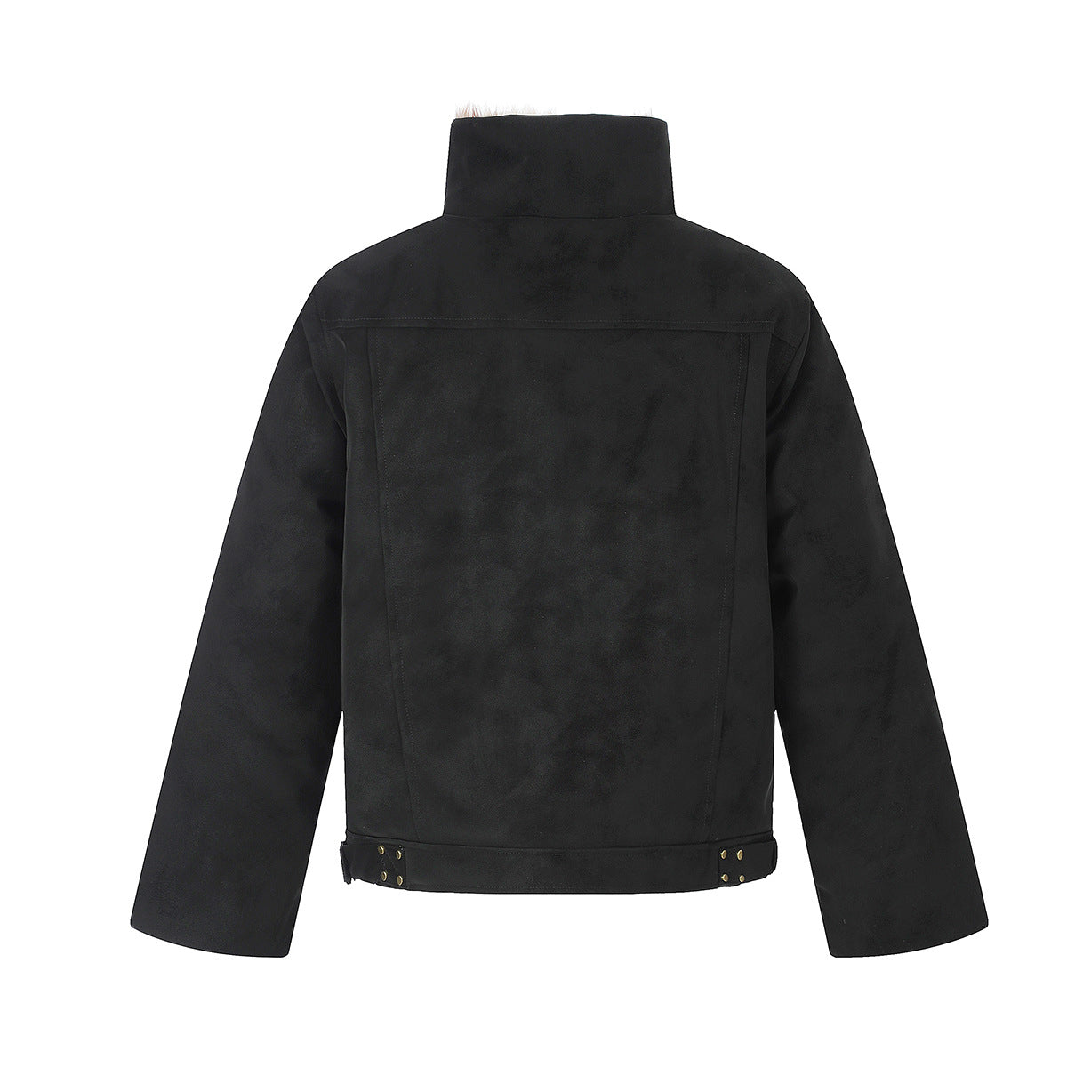 Faux Suede Shearling-Lined Moto Jacket with Buckle Straps