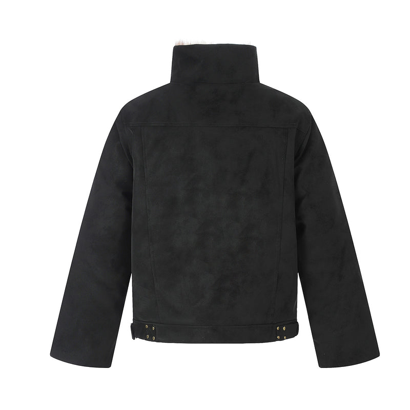 Faux Suede Shearling-Lined Moto Jacket with Buckle Straps