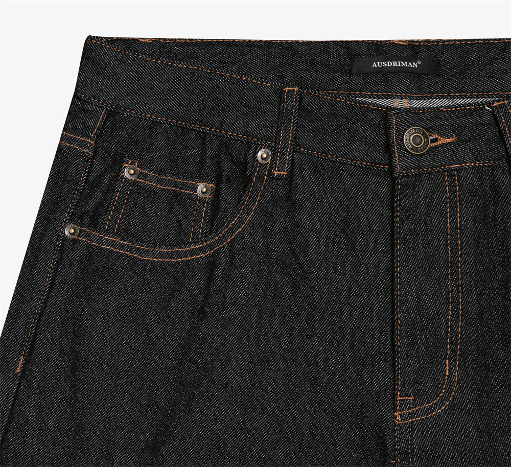 Men's Wide-Leg Raw Denim Jeans with Union Jack Rolled Cuffs & Studded Back
