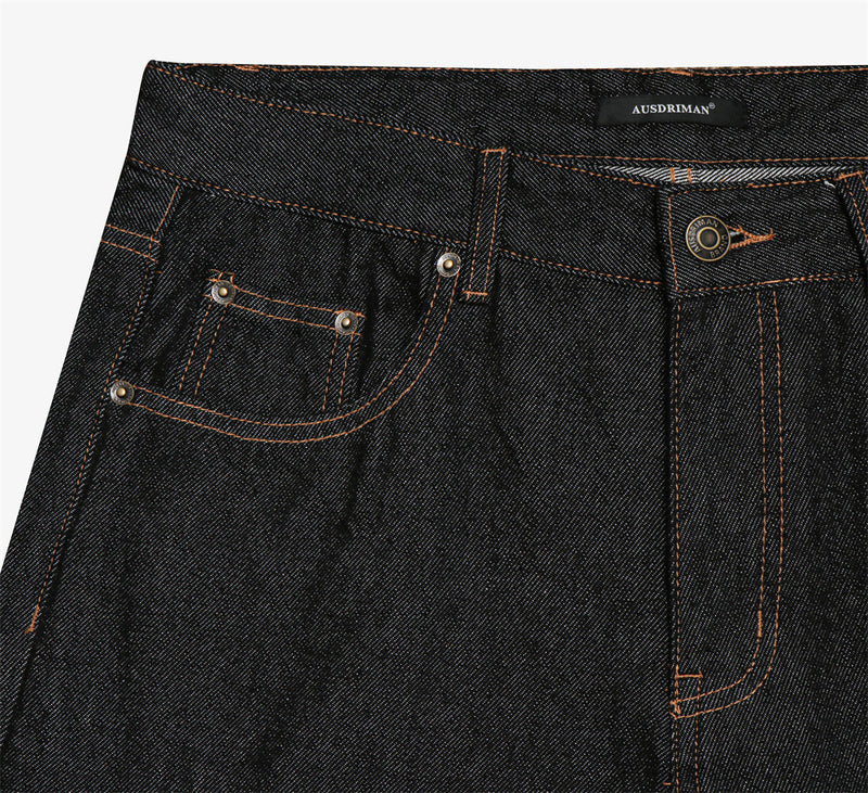 Men's Wide-Leg Raw Denim Jeans with Union Jack Rolled Cuffs & Studded Back