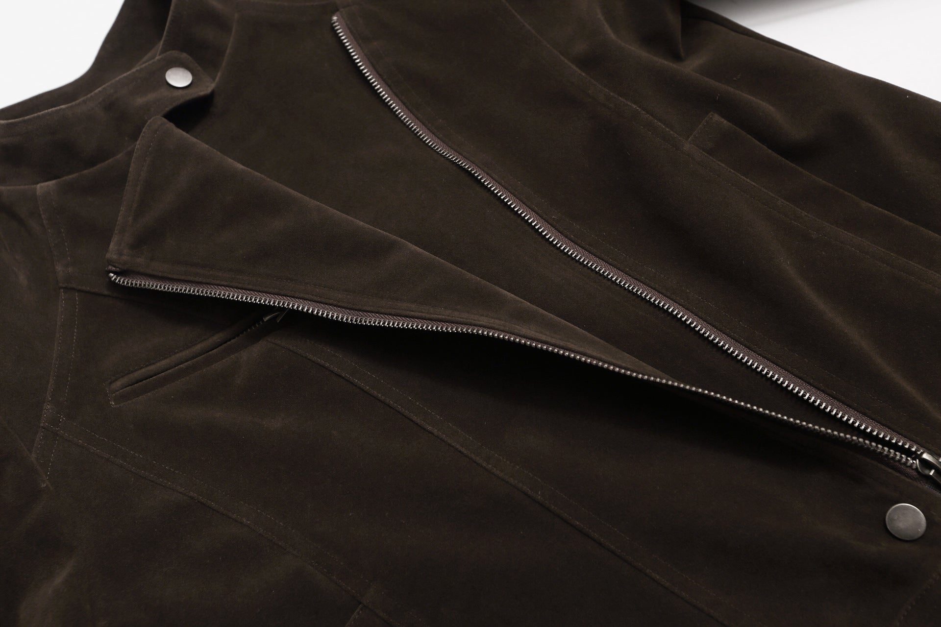 Suede Moto Biker Jacket – Cropped Stand Collar Asymmetric Zip