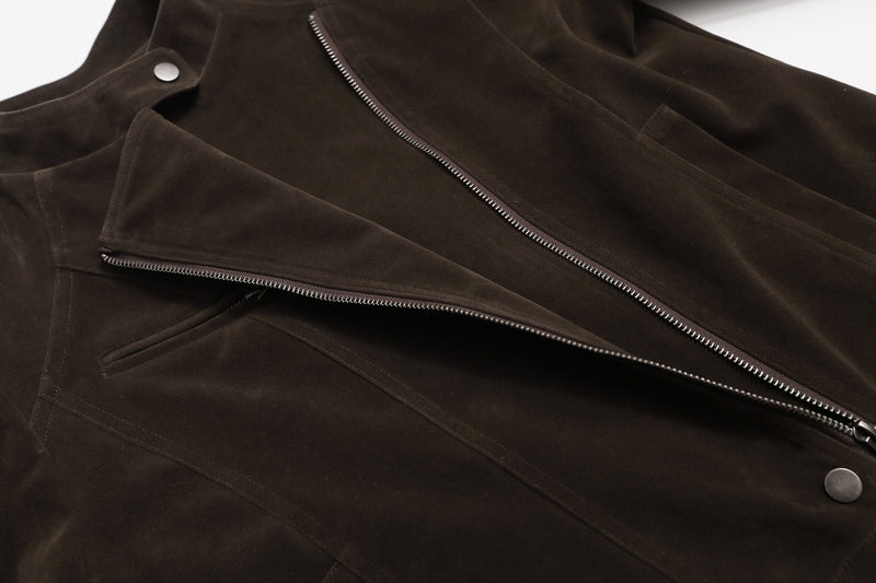 Suede Moto Biker Jacket – Cropped Stand Collar Asymmetric Zip
