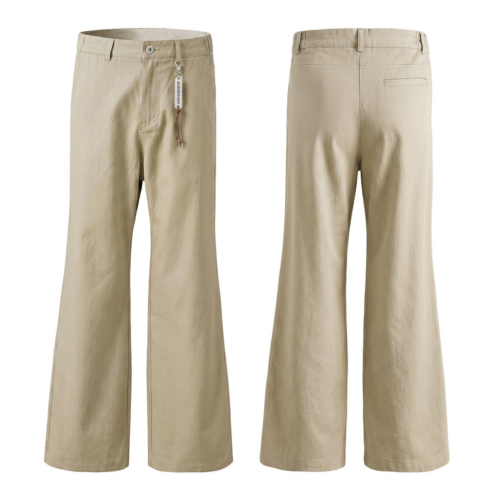 Men's flare wide-leg trousers in khaki with bell-bottom hem and carabiner tag detail, front and back view