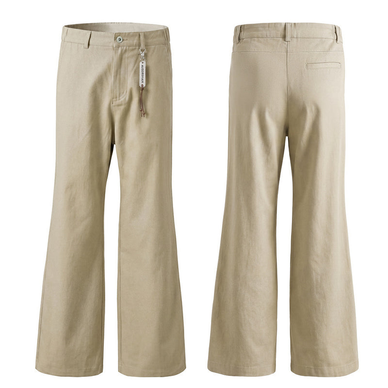 Men's flare wide-leg trousers in khaki with bell-bottom hem and carabiner tag detail, front and back view