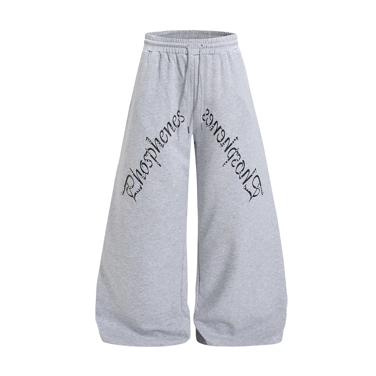 Pantalon de survêtement à jambes larges avec inscription gothique Phosphenes imprimée, en gris chiné et noir, présenté de face et de dos