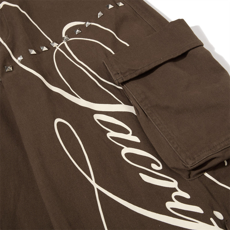 Men's Black Cargo Pants Wide-Leg Script Print with Rivet Detail