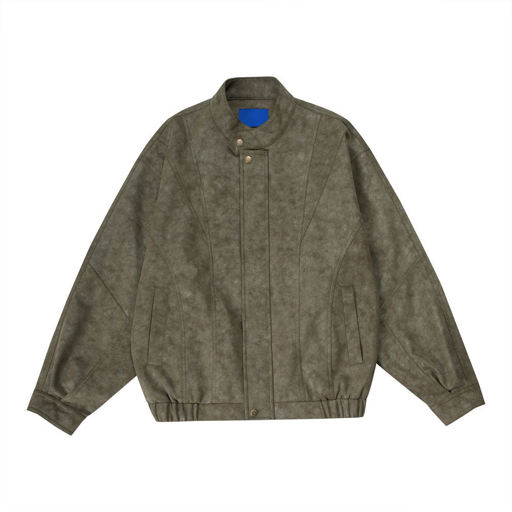 Mens oversized distressed PU leather bomber jacket in mottled olive green with stand collar and panel seaming, front and back