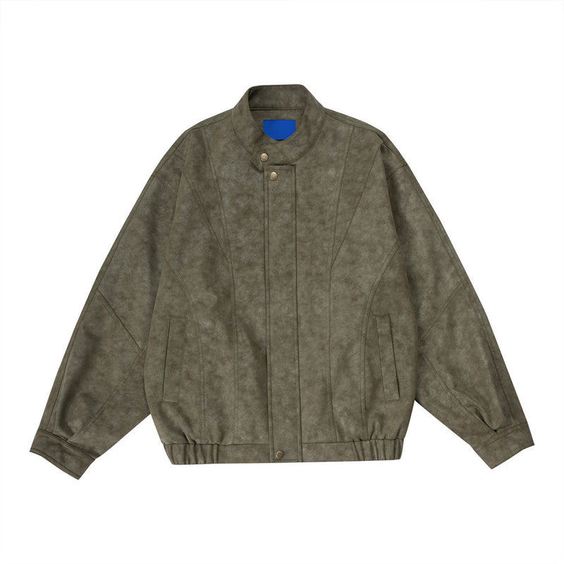 Mens oversized distressed PU leather bomber jacket in mottled olive green with stand collar and panel seaming, front and back