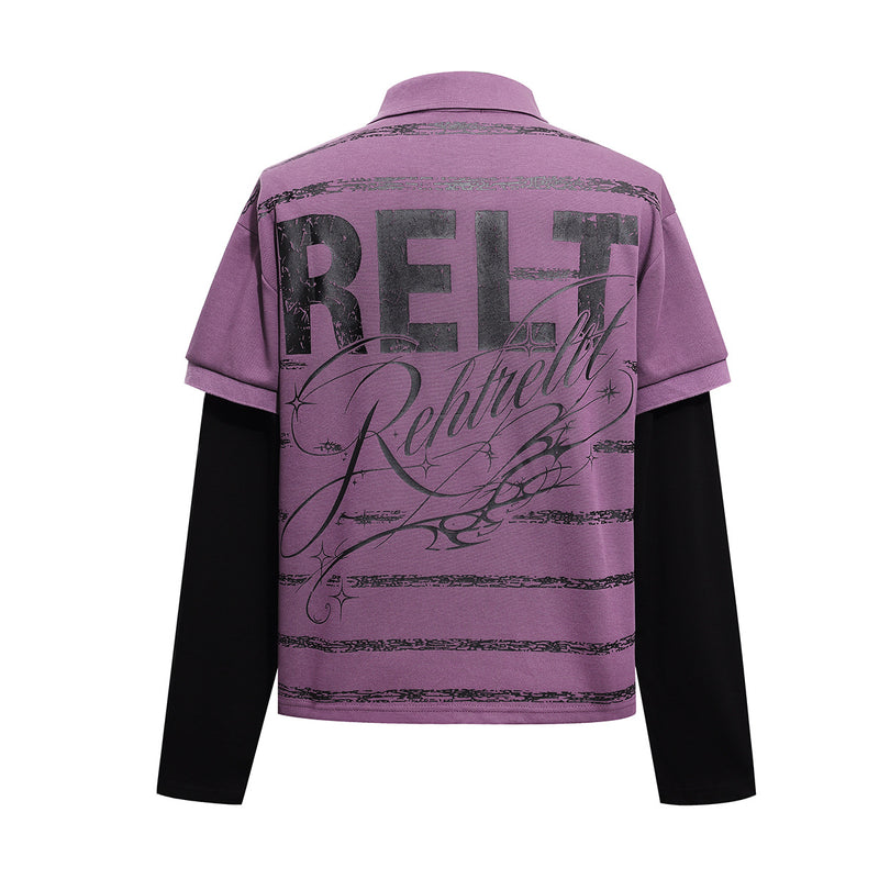Rehtrelt Faux Two-Piece Long Sleeve Polo Shirt – Crest Graphic Hip-Hop Top