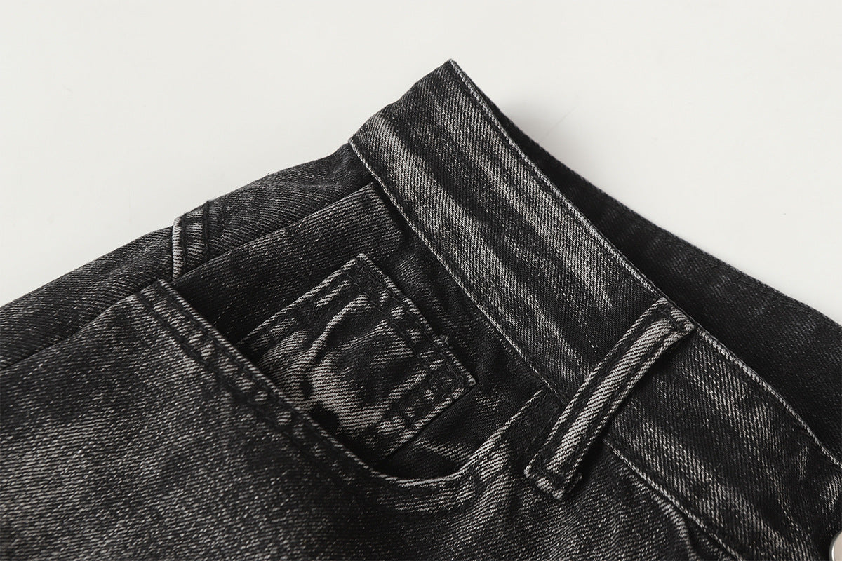 Jean baggy noir déchiré – Pantalon en denim délavé à jambe large