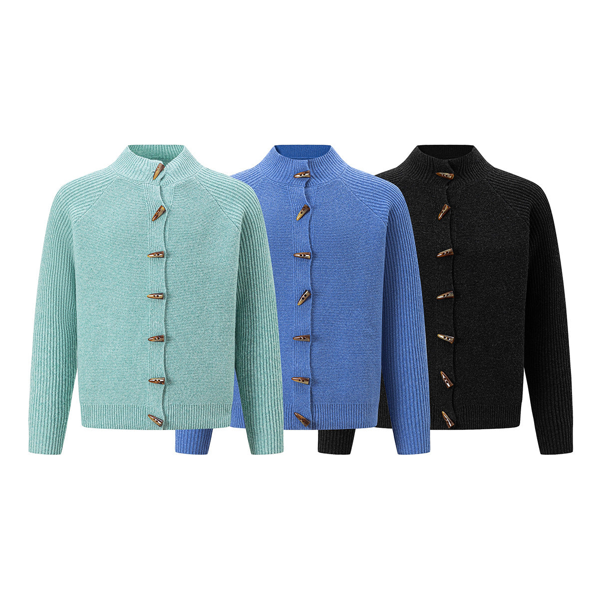 Mock Neck Knit Cardigan Sweater with Toggle Buttons